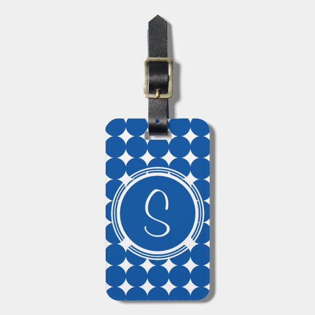 Blue Polka Dot Monogram Luggage Tag (Front Vertical)