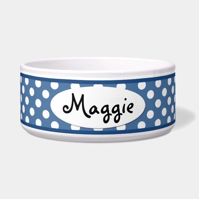 Blue Polka Dot Personalised Ceramic Dog Bowl (Front)