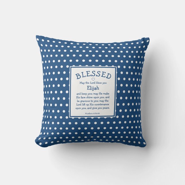 Blue Polka Dot Personalised Christian Blessing Cushion (Front)