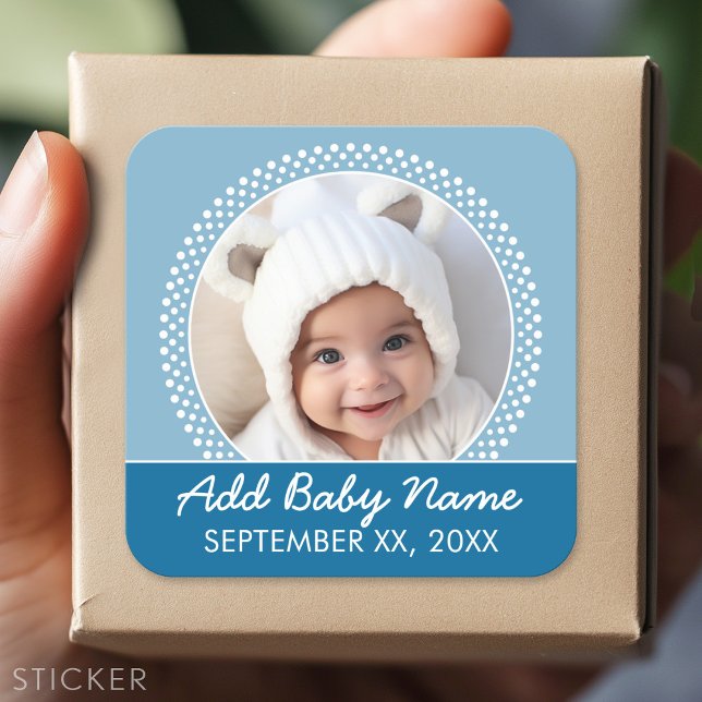 Blue Polka Dot Photo Frame Announcement Square Sticker (Custom Sticker)