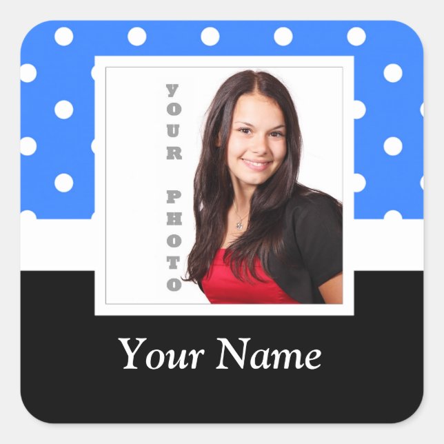 Blue polka dot photo template square sticker (Front)