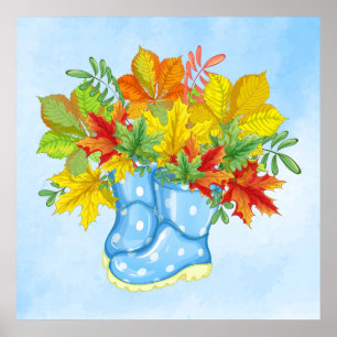 Blue Polka-dot Rain Boots Fall Leaves Poster