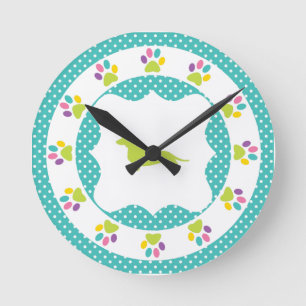 Blue Polka Dot Rainbow Paw Print Dachshund Round Clock
