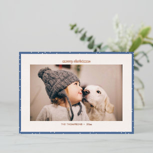 Blue Polka Dot Snow Christmas Photo Gold Foil Holiday Card