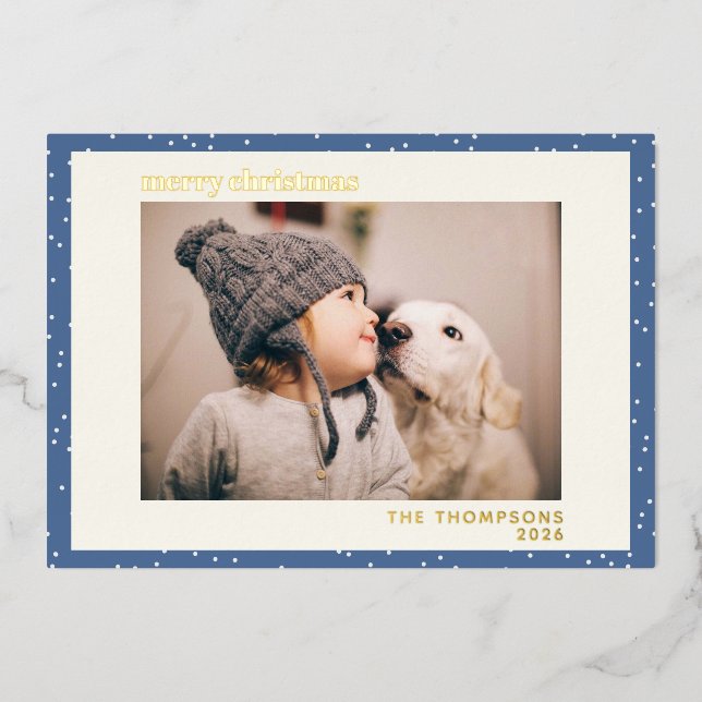 Blue Polka Dot Snow Simple Photo Gold Foil Holiday Card (Front)