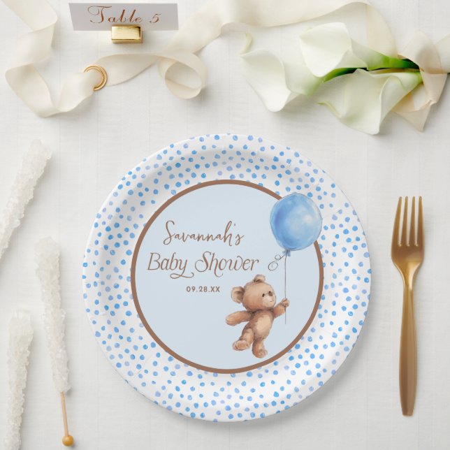 Blue Polka Dot Teddy Bear Baby Shower Paper Plate (Wedding)