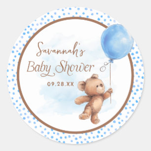 Blue Polka Dot Teddy Bear Balloon Baby Shower  Classic Round Sticker