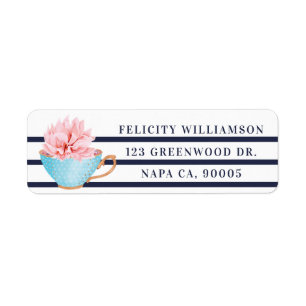 Blue Polka Dot Vintage Teacup Floral and Stripes Return Address Label