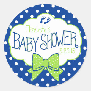 Blue Polka Dots and Green Bow Baby Shower Classic Round Sticker