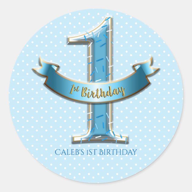 Blue Polka Dots & Banner ONE 1st 1 Birthday Party Classic Round Sticker (Front)