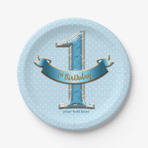 Blue Polka Dots & Banner ONE 1st 1 Birthday Party Paper Plate