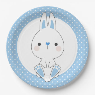 Blue Polka Dots & Cute Bunny Baby Shower Birthday Paper Plate