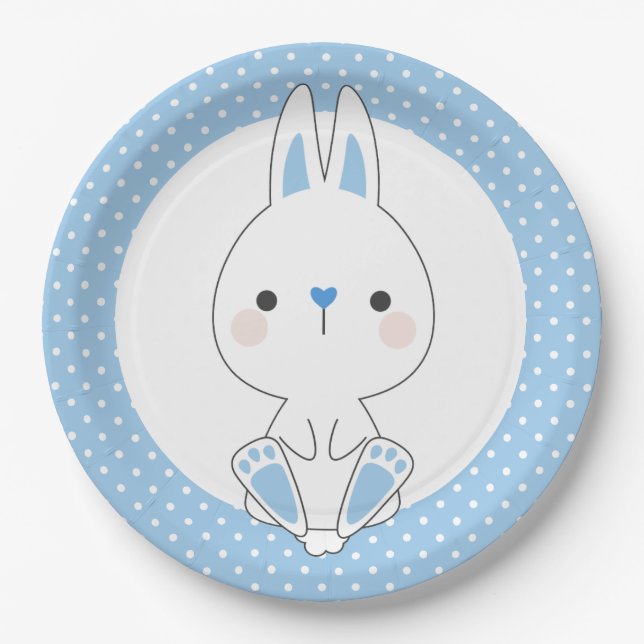 Blue Polka Dots & Cute Bunny Baby Shower Birthday Paper Plate (Front)