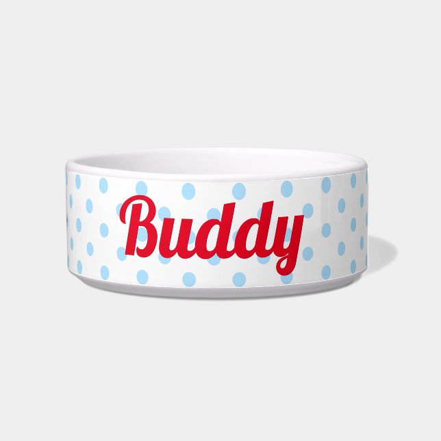 Blue Polka Dots Dog Puppy Pet Name Cute Retro Food Bowl (Right)
