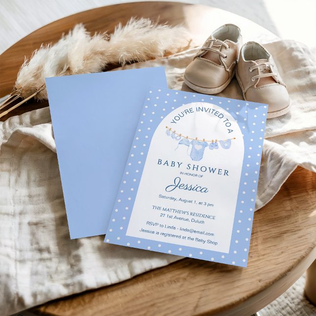 Blue Polka Dots Hanging Clothes Baby Shower Invitation (Creator Uploaded)