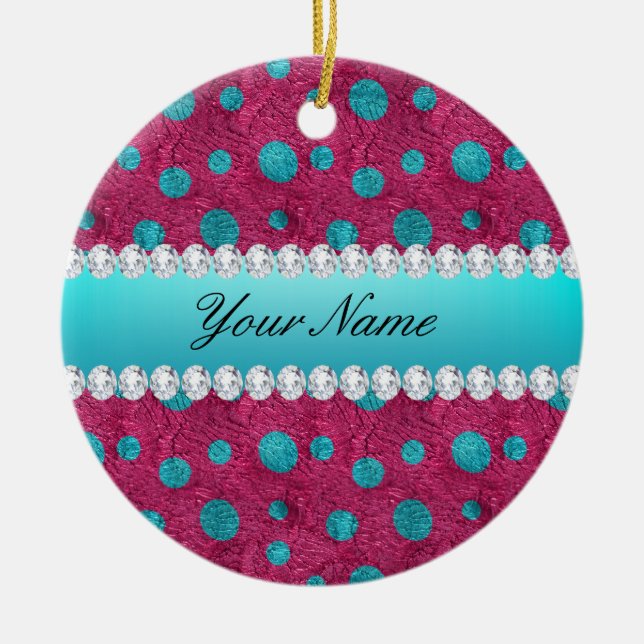 Blue Polka Dots Hot Pink Faux Diamonds Ceramic Ornament (Front)