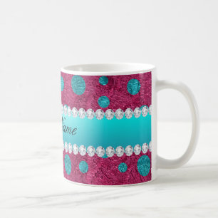 Blue Polka Dots Hot Pink Faux Diamonds Coffee Mug