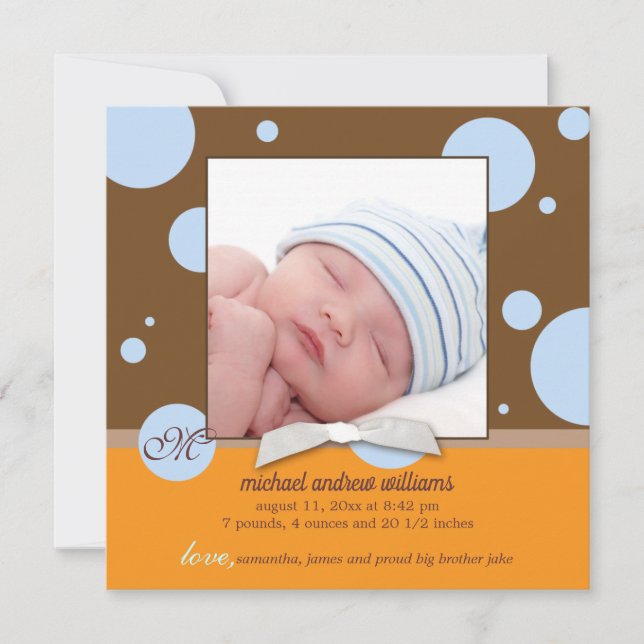 Blue Polka Dots Monogram Baby Boy Photo Birth Announcement (Front)