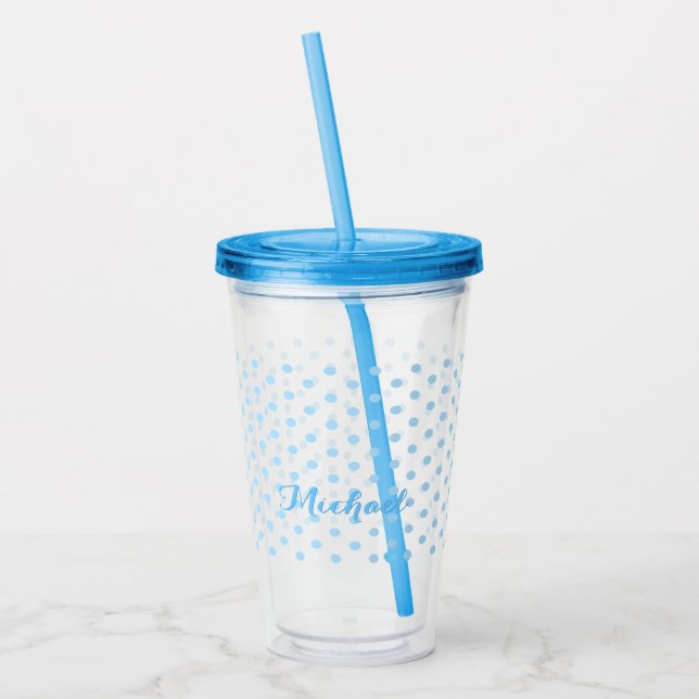 Blue Polka Dots Monogram Kids Boys Birthday Party Acrylic Tumbler (Left)