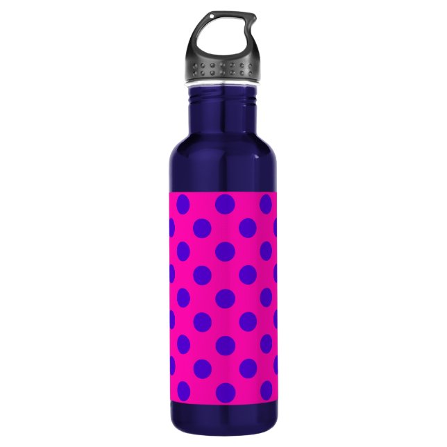 Blue polka dots on fuchsia 710 ml water bottle (Front)
