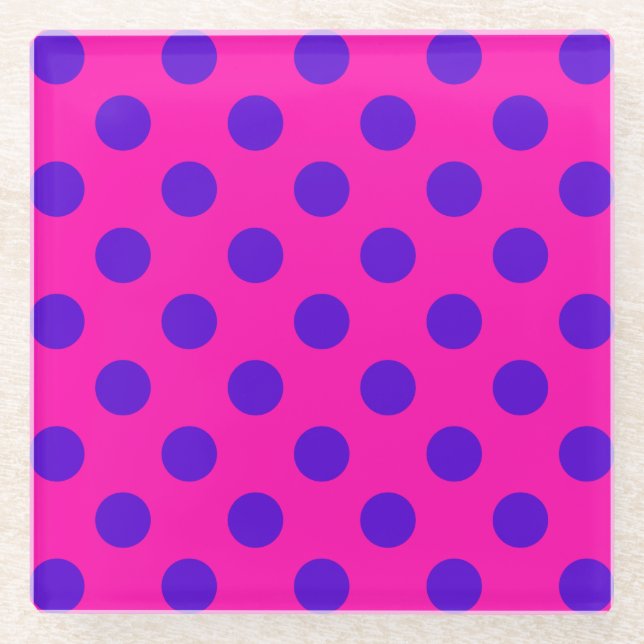 Blue polka dots on fuchsia glass coaster (Front)