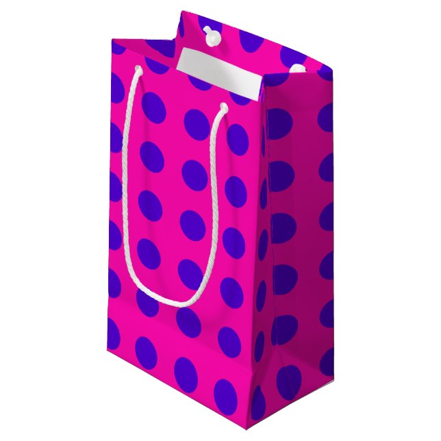 Blue polka dots on fuchsia small gift bag (Front Angled)