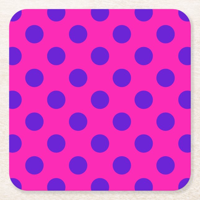 Blue polka dots on fuchsia square paper coaster (Front)