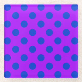 Blue polka dots on purple glass coaster