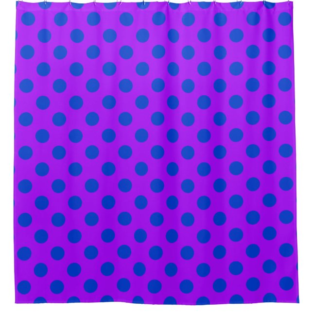 Blue polka dots on purple shower curtain (Front)