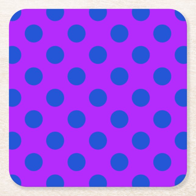 Blue polka dots on purple square paper coaster (Front)