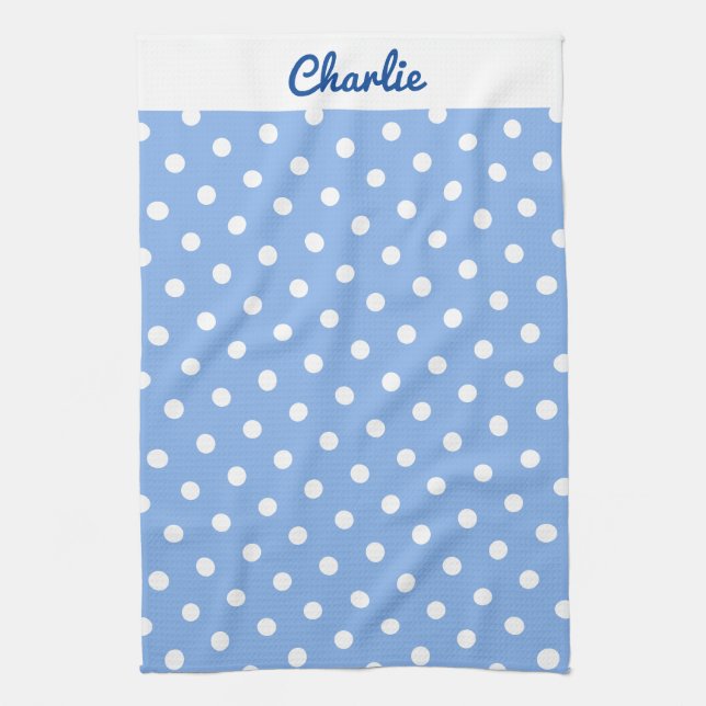 Blue Polka Dots Pattern Stylish Personalised Tea Towel (Vertical)
