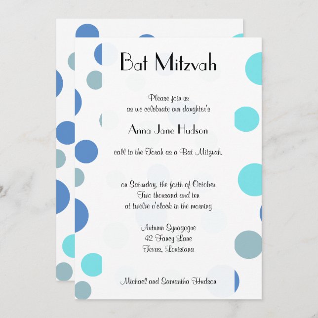 Blue Polka Dots, Polka Dot Pattern, Bat Mitzvah Invitation (Front/Back)