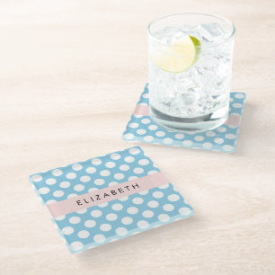 Blue Polka Dots, Polka Dot Pattern, Your Name Glass Coaster