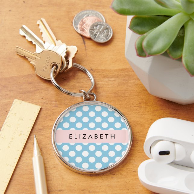Blue Polka Dots, Polka Dot Pattern, Your Name Key Ring (Desk)