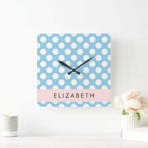 Blue Polka Dots, Polka Dot Pattern, Your Name Square Wall Clock