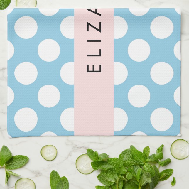 Blue Polka Dots, Polka Dot Pattern, Your Name Tea Towel (Folded)