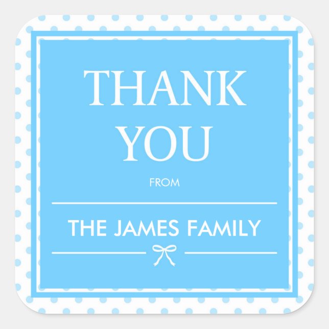 Blue Polka Dots & Ribbon Thank You Square Sticker (Front)