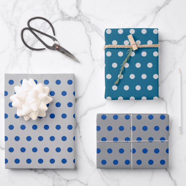 Blue Polka Dots Silver Simple Minimal Wrapping Paper Sheet (Front)