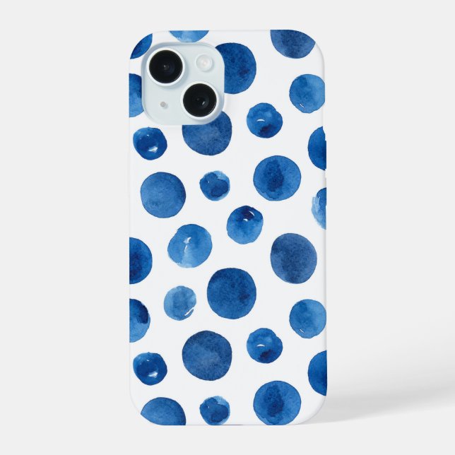 Blue polka dots. Watercolor navy nautical pattern iPhone 15 Case (Back)