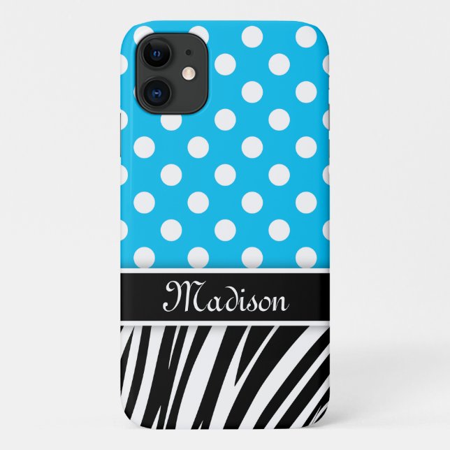 Blue Polka Dots Zebra Stripes Black Name Case-Mate iPhone Case (Back)