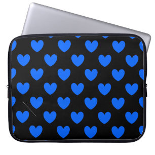 Blue polka hearts on black laptop sleeve