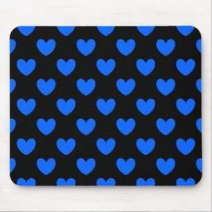 Blue polka hearts on black mouse pad