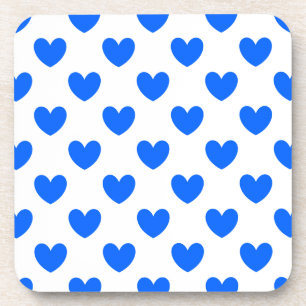 Blue polka hearts on white coaster