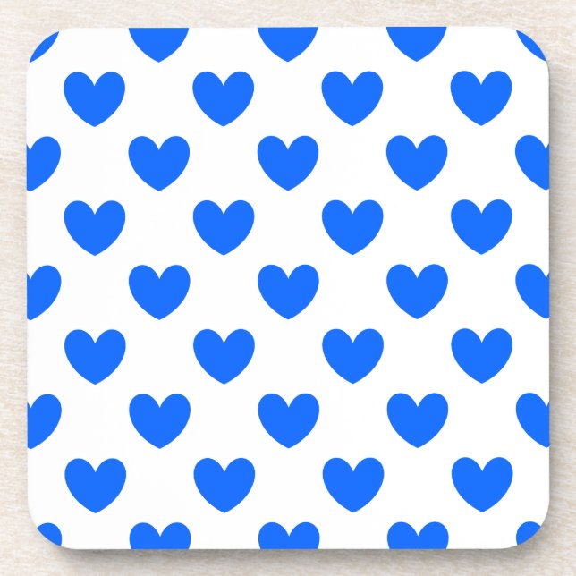 Blue polka hearts on white coaster (Front)