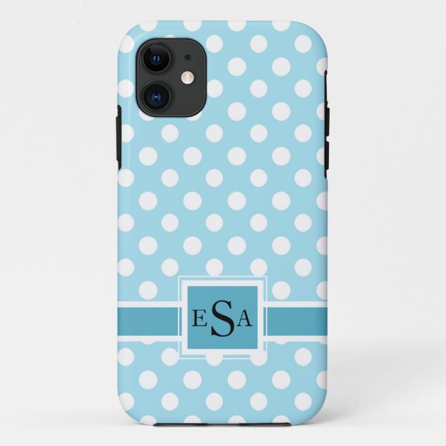 Blue Polkadot Monogram Cute Modern Case-Mate iPhone Case (Back)