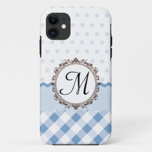 Blue Polkadots, Checks and Stripes with Monogram iPhone 11 Case