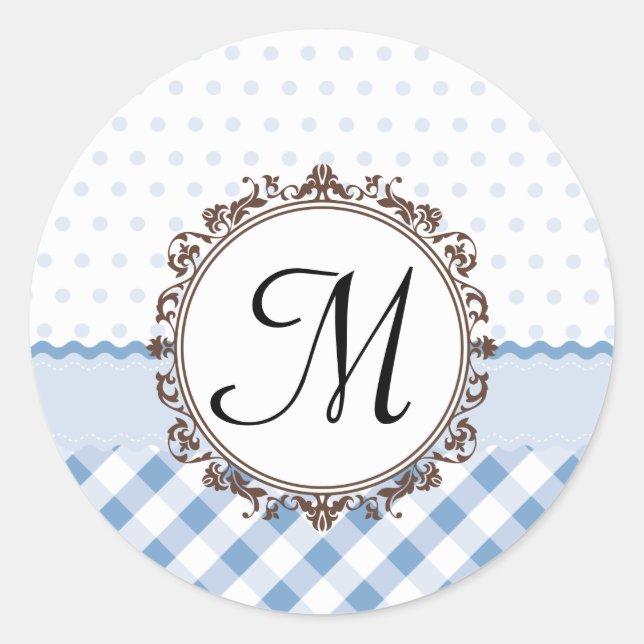 Blue Polkadots, Checks and Stripes with Monogram Classic Round Sticker (Front)
