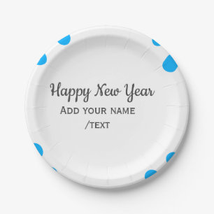 Blue polkadots happy new year add name messasimple paper plate