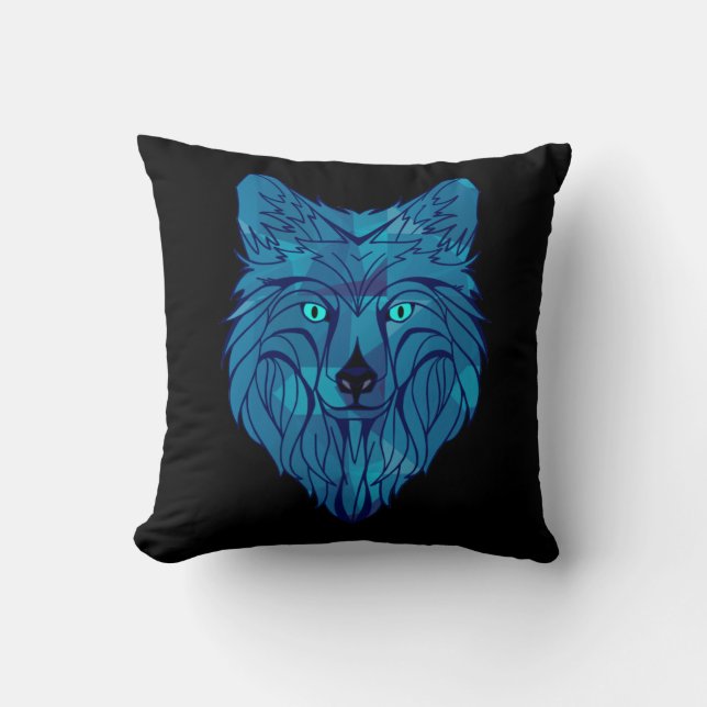 Blue Poly Wolf Head Cushion (Front)