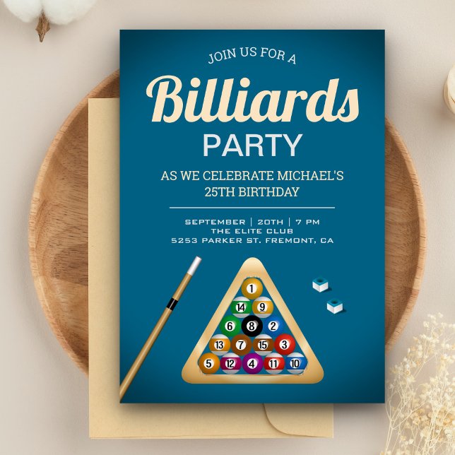 Blue Pool Table Billiards Snooker Birthday Party Invitation (Creator Uploaded)